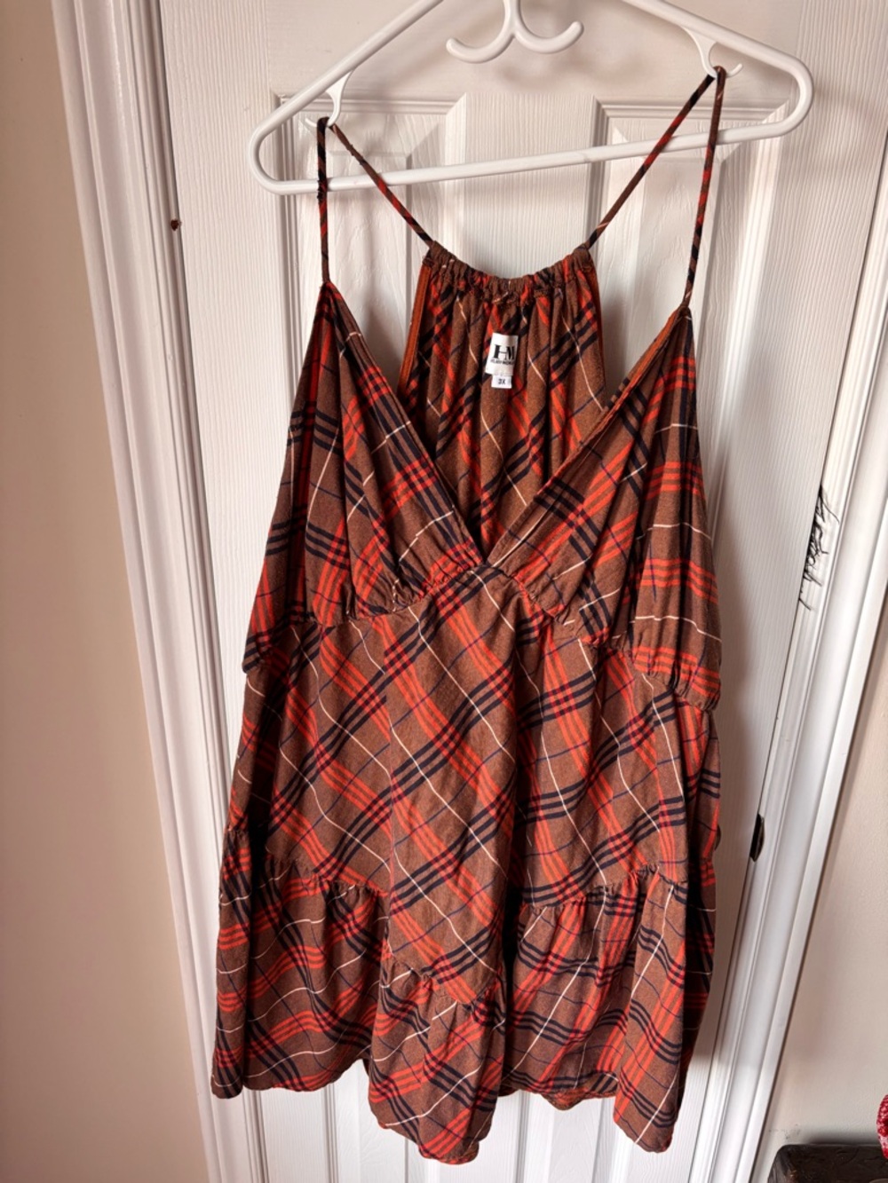 Plaid Mini Dress with Spaghetti Straps - Brown & Red